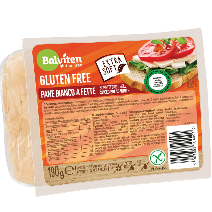 Pan blanco de molde sin gluten, 190 g, Balviten