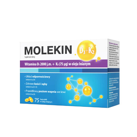 Molekin D3 + K2, vitamina D 2000 UI + vitamina K 75 µg en aceite de linaza, 75 cápsulas