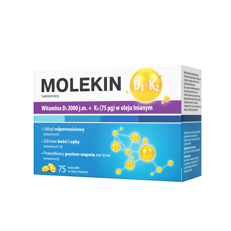 Molekin D3 + K2, vitamina D 2000 UI + vitamina K 75 µg en aceite de linaza, 75 cápsulas