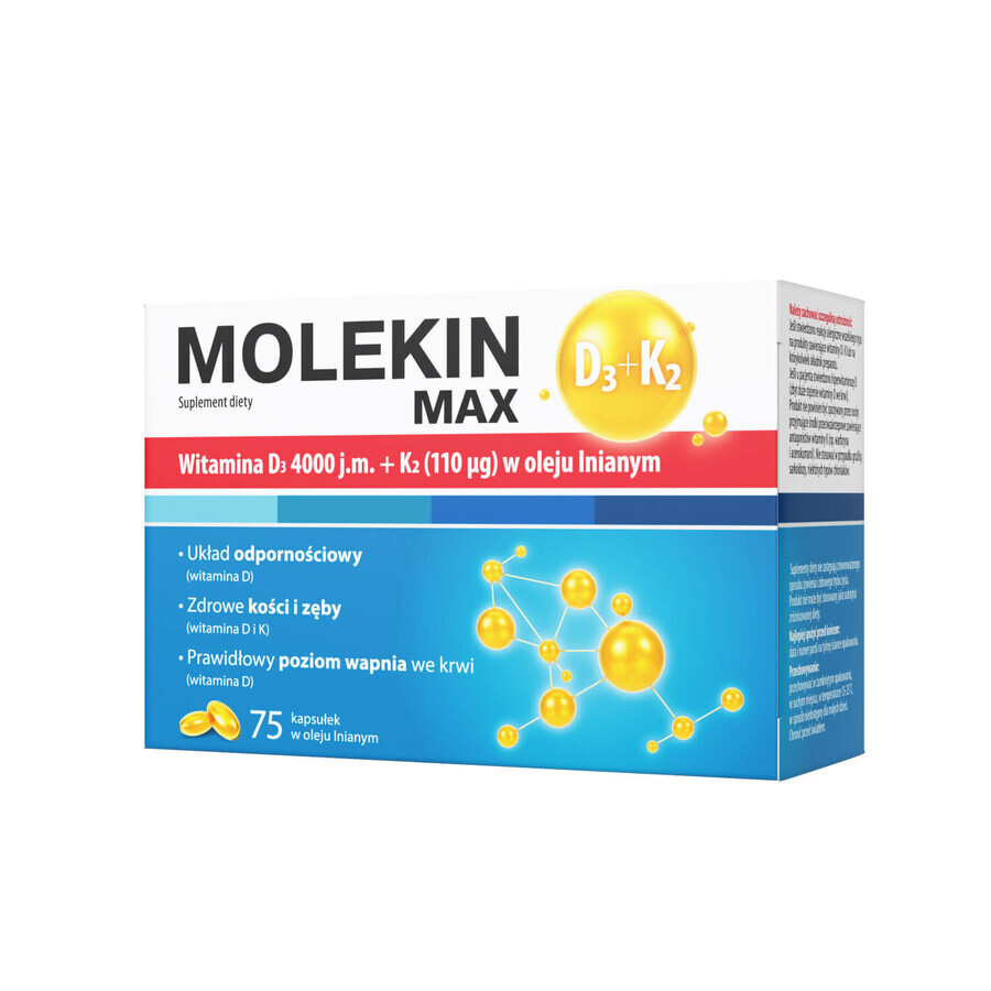 Molekin D3 + K2 Max, vitamin D 4000 IU + vitamin K 110 µg in linseed oil, 75 capsules