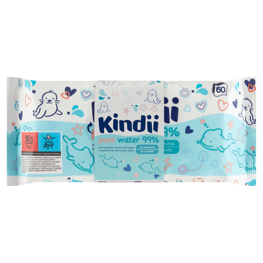 Kindii Pure Water 99%, toallitas húmedas para bebés y niños, 3 x 60 unidades