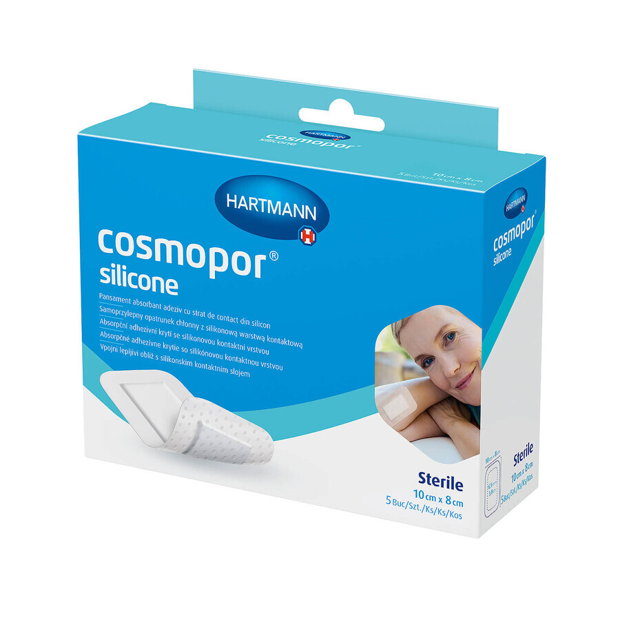 Cosmopor Silicone, pansement absorbant, auto-adhésif, stérile, avec couche de contact en silicone, 10 cm x 8 cm, 5 pcs