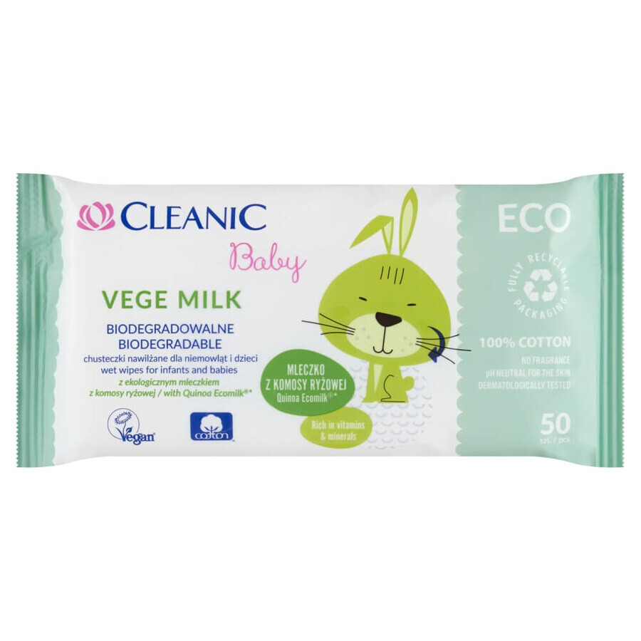 Cleanic Baby Eco Vege Milk, toallitas húmedas biodegradables para bebés y niños, 50 unidades