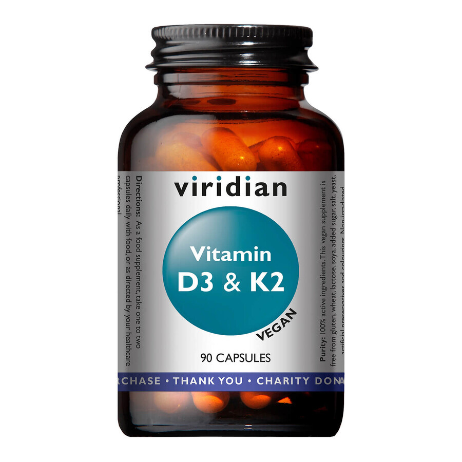 Viridian Vitamina D3 + K2 Vegana, vitamina D 1000 UI + vitamina K 45 µg, 90 cápsulas