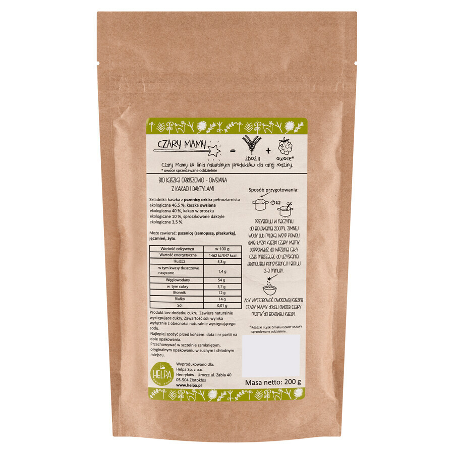 Helpa Czary Mama Gachas de avena y espelta ecológicas con cacao y dátiles, sin lácteos, sin azúcares añadidos, 200 g