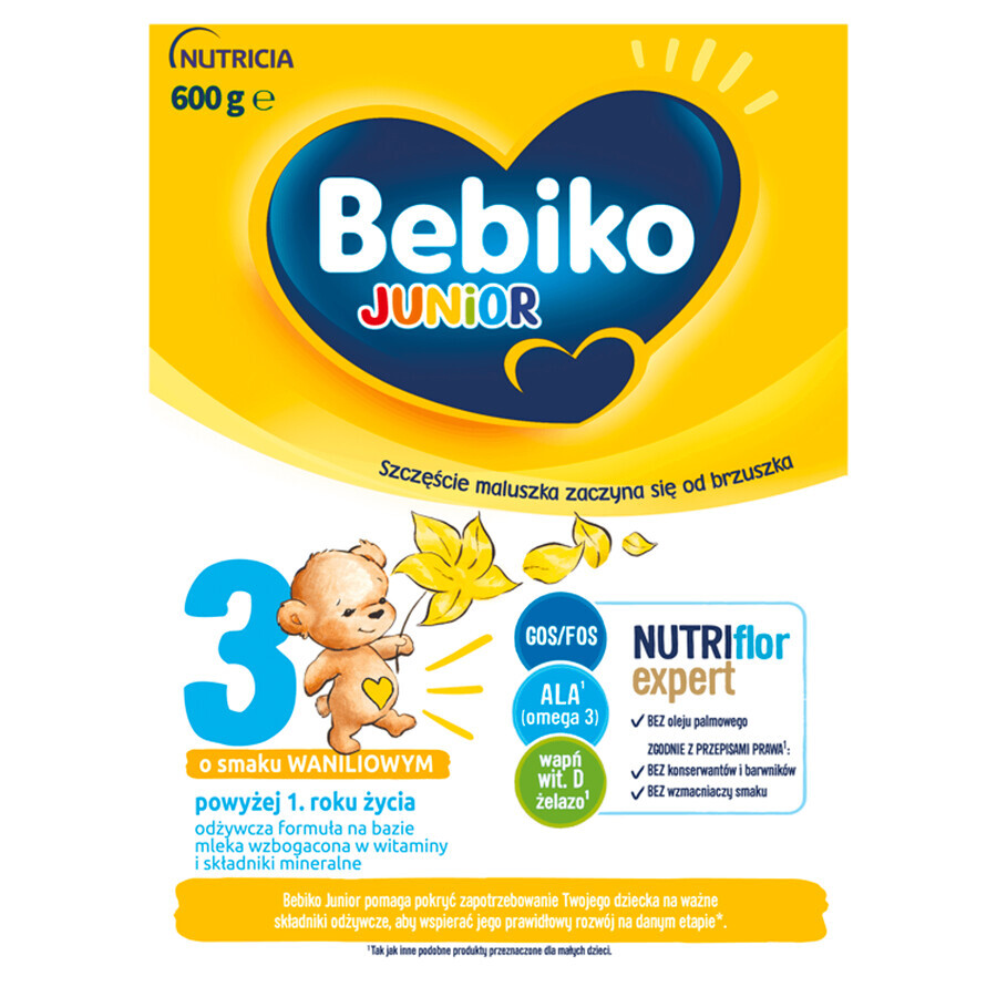 Bebiko Junior 3 Nutriflor Expert, formulă nutritivă pe bază de lapte, peste 1 an, aromă de vanilie, 600 g