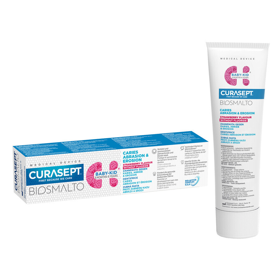 Curasept Biosmalto Baby-Kid, pasta de dientes para bebés y niños, sin flúor, sabor fresa, de 6 meses a 6 años, 50 ml