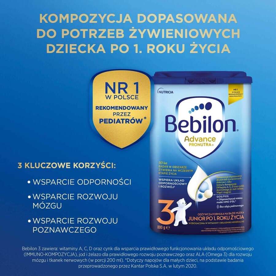 Bebilon Advance Pronutra 3 Junior, fórmula nutricional a base de leche, a partir de 1 año, 800 g