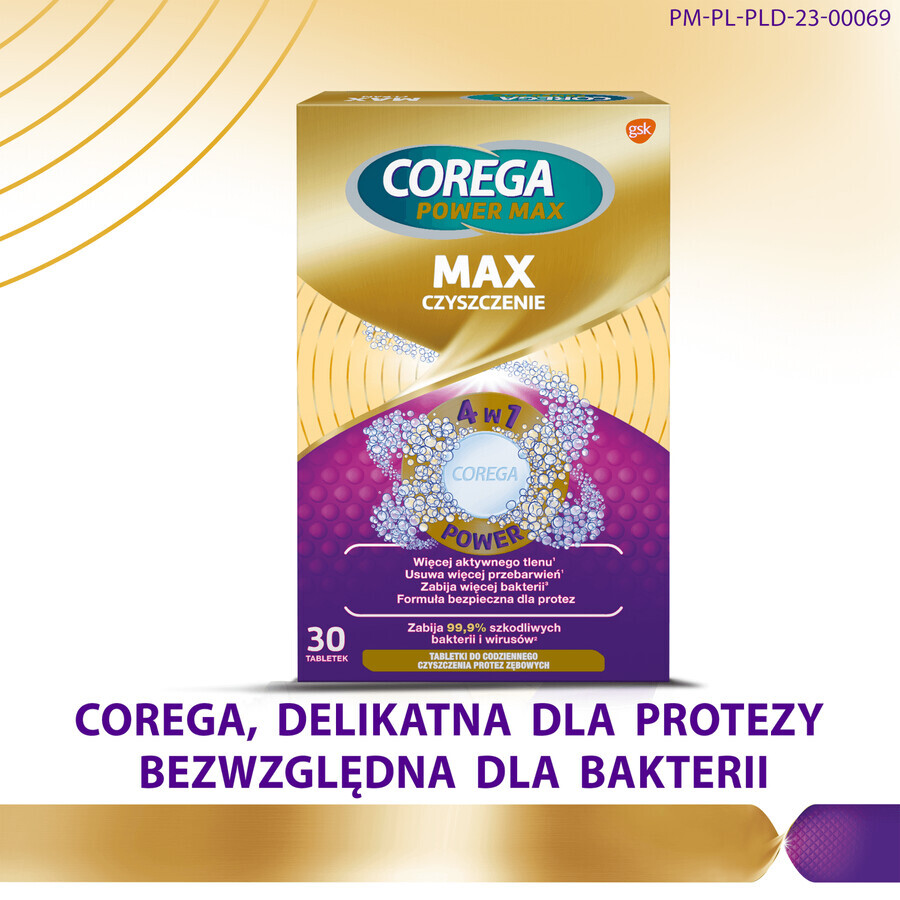 Corega Max, comprimidos para la limpieza de dentaduras postizas, 30 comprimidos