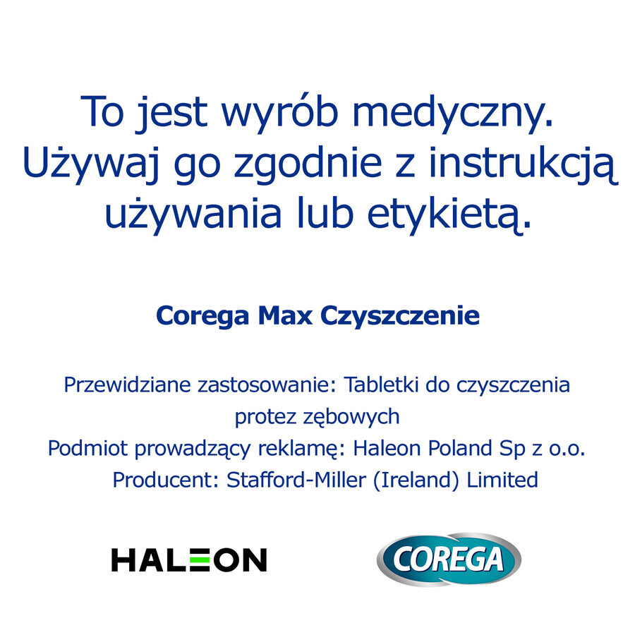 Corega Max, comprimidos para la limpieza de dentaduras postizas, 30 comprimidos