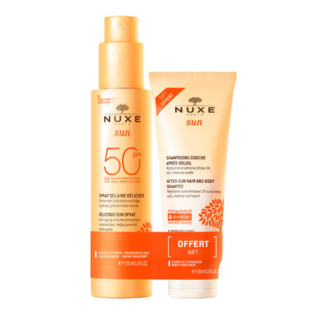 Nuxe Sun, bruiningslotion voor gezicht en lichaam, spray, SPF 50, 150 ml + aftersun douchegel, 100 ml gratis