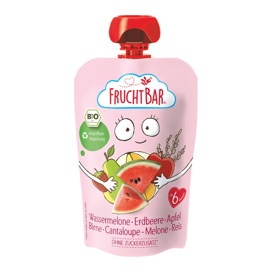 Fruchtbar Bio fruit mousse with berries in a tube, melon, strawberry, apple, pear, melon, rice, after 6 months, 100 g