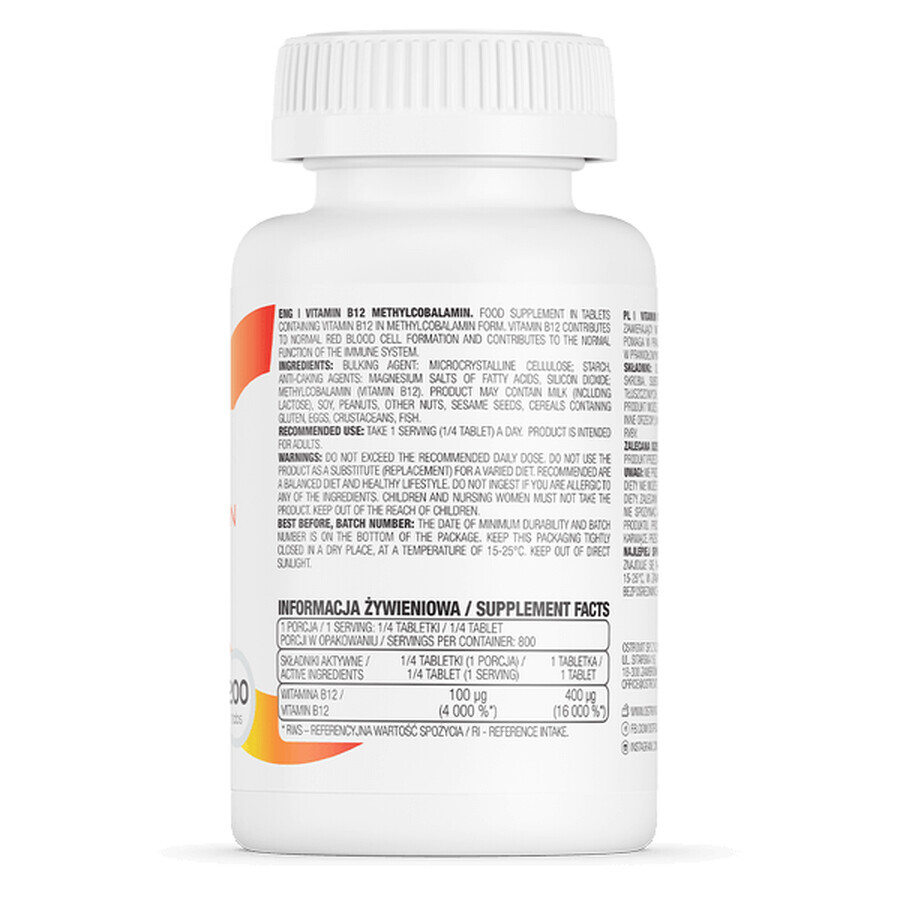 OstroVit Vitamina B12 Metilcobalamina, vitamina B12 400 µg, 200 comprimidos