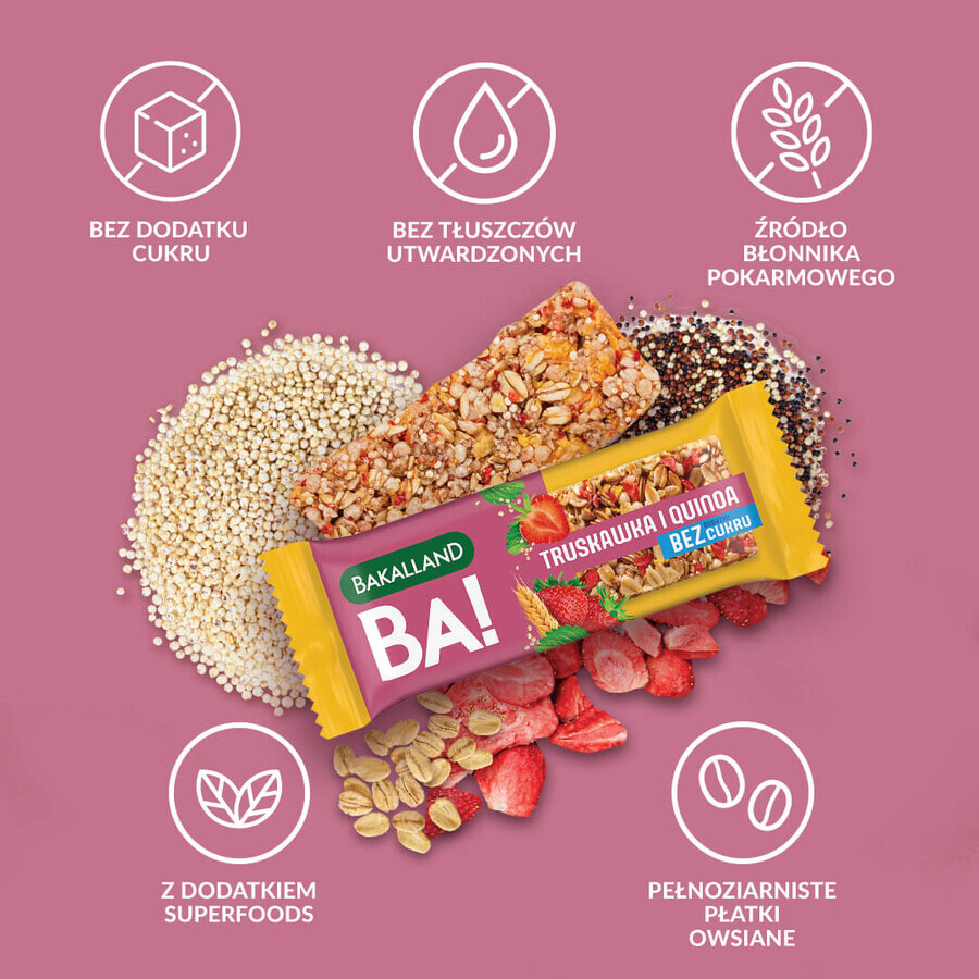 Bakaland BA! Cereal bar, strawberries and quinoa, no added sugar, 30 g