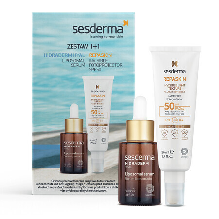 Sesderma Hidraderm Hyal set, sérum liposomado, 30 ml + Repaskin, protector solar fluido ligero para el rostro, SPF 50, 50 ml