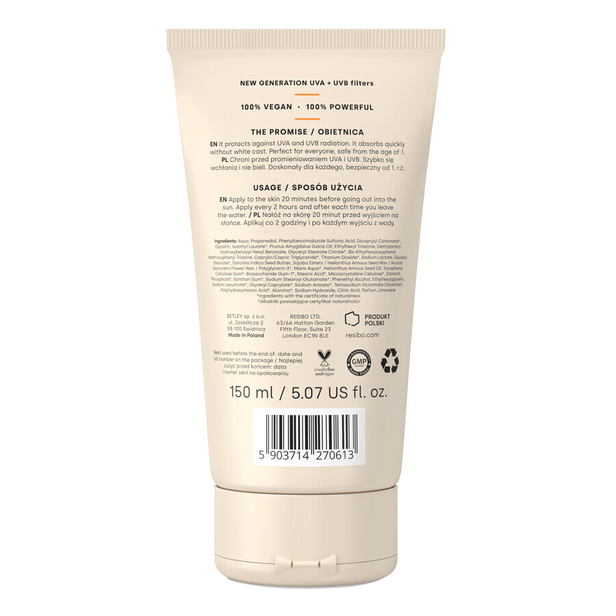 Resibo Sun To The People, crema ligera para rostro y cuerpo, SPF 50+, 150 ml