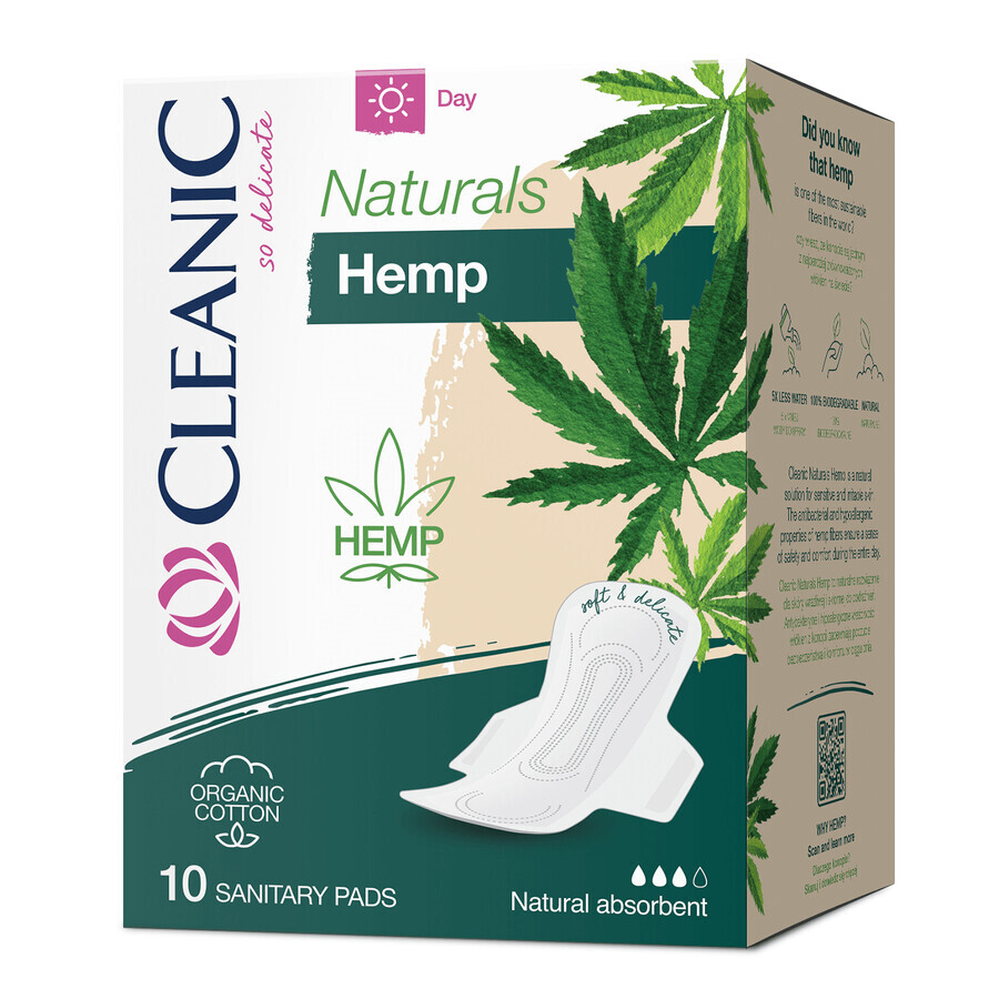 Cleanic Naturals Hemp, Organic Cotton & Hemp Fiber Sanitary Napkins, With Wings, Day, 10 Count