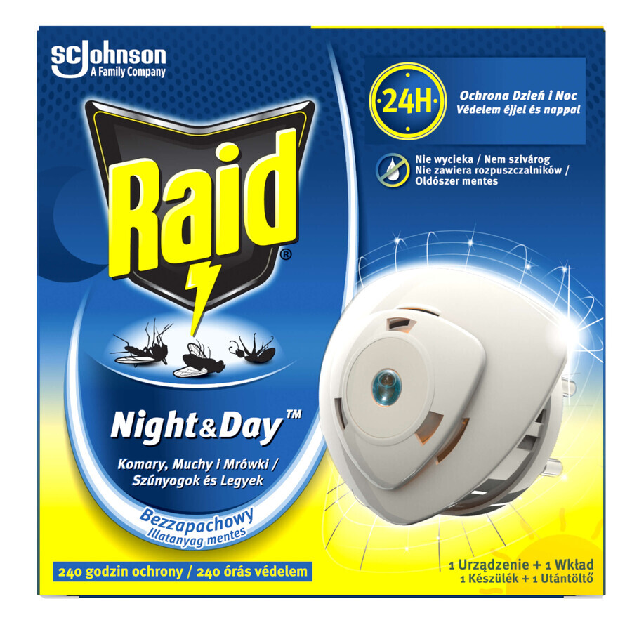 Raid Night & Day Mosquitos, moscas y hormigas, insecticida electro-fumigador con cartucho recambiable