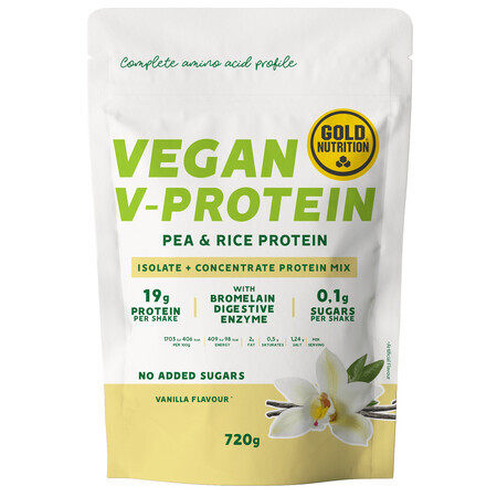 Proteína vegetal en polvo con sabor a vainilla V-Protein, 720 g, Gold Nutrition