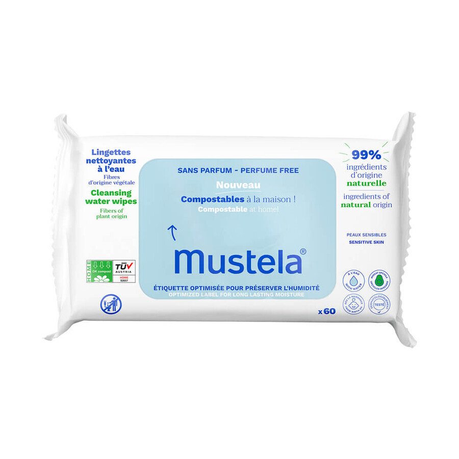 Toallitas limpiadoras húmedas con agua, 60 unidades, Mustela