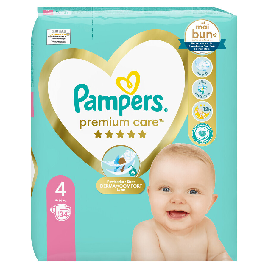 Scutece Premium Care, Nr. 4, 9-14 kg, 34 buc, Pampers