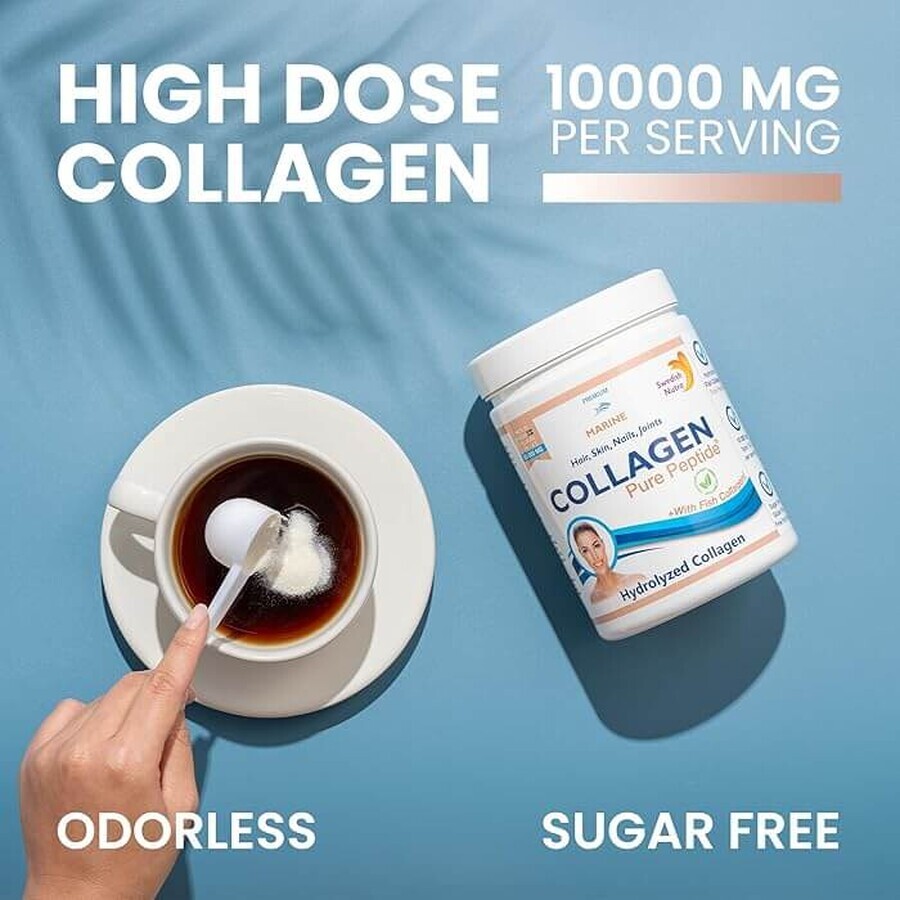 Pulbere de colagen hidrolizat tip 1 si 3 Marine Fish 10.000 mg, 300 g, Swedish Nutra