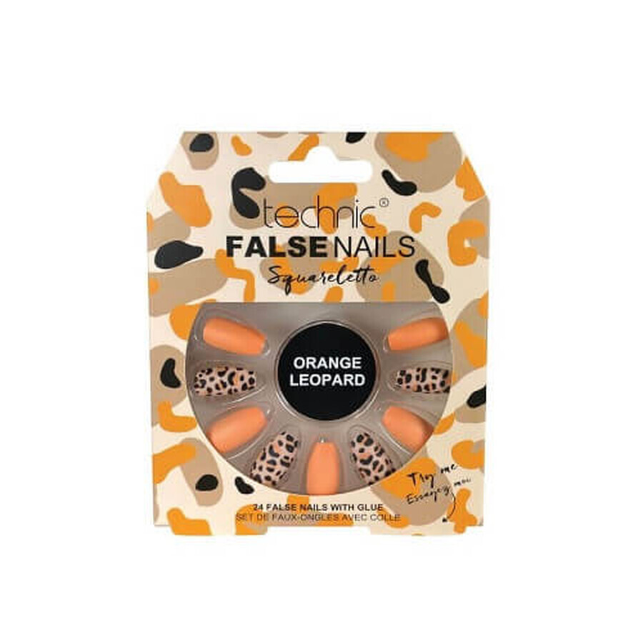 Set of 24 False Nails, Technic, False Nails, Squareletto, Orange Leopard, Adhesive included