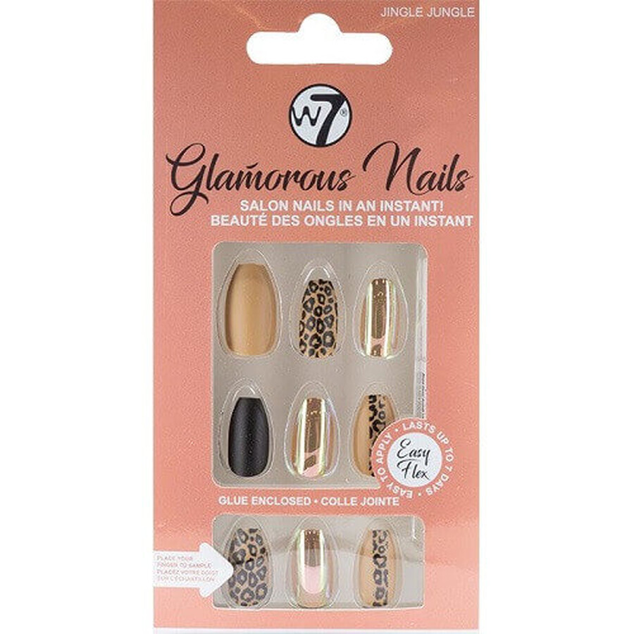 Set de 24 uñas postizas, W7, Glamorous Nails, Jingle Jungle, Adhesivo incluido