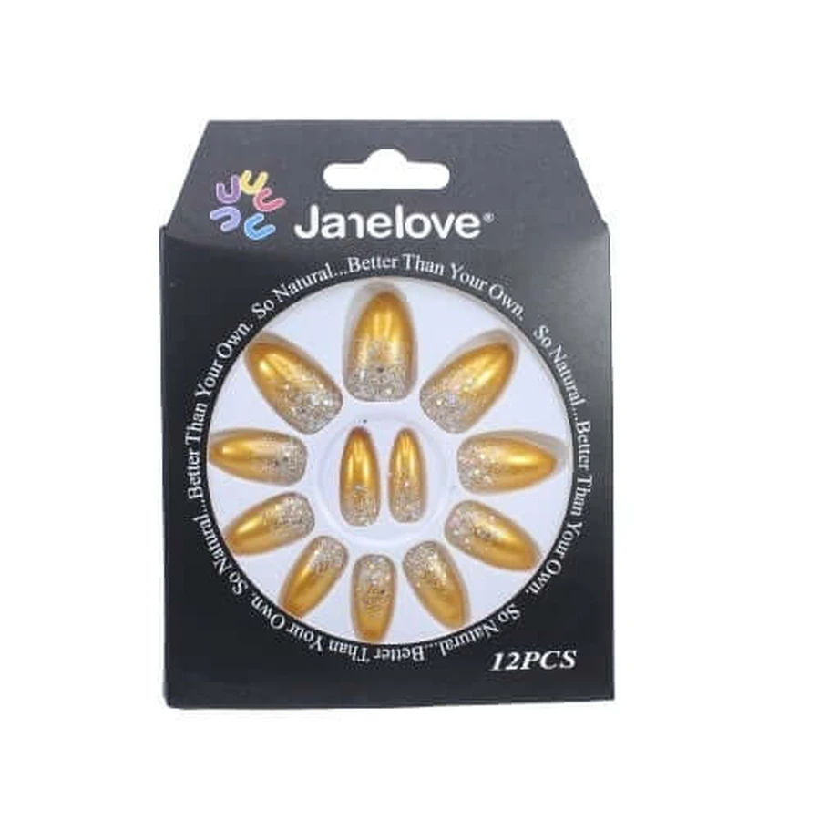 Set van 12 nepnagels met glitter, Janelove, Geel