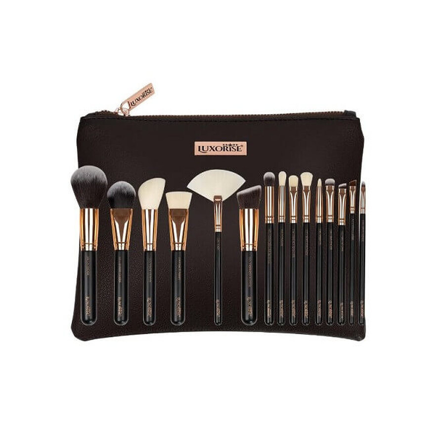 Set de 15 Brochas de Maquillaje, Luxorise, Oro, Incluye Bolsa