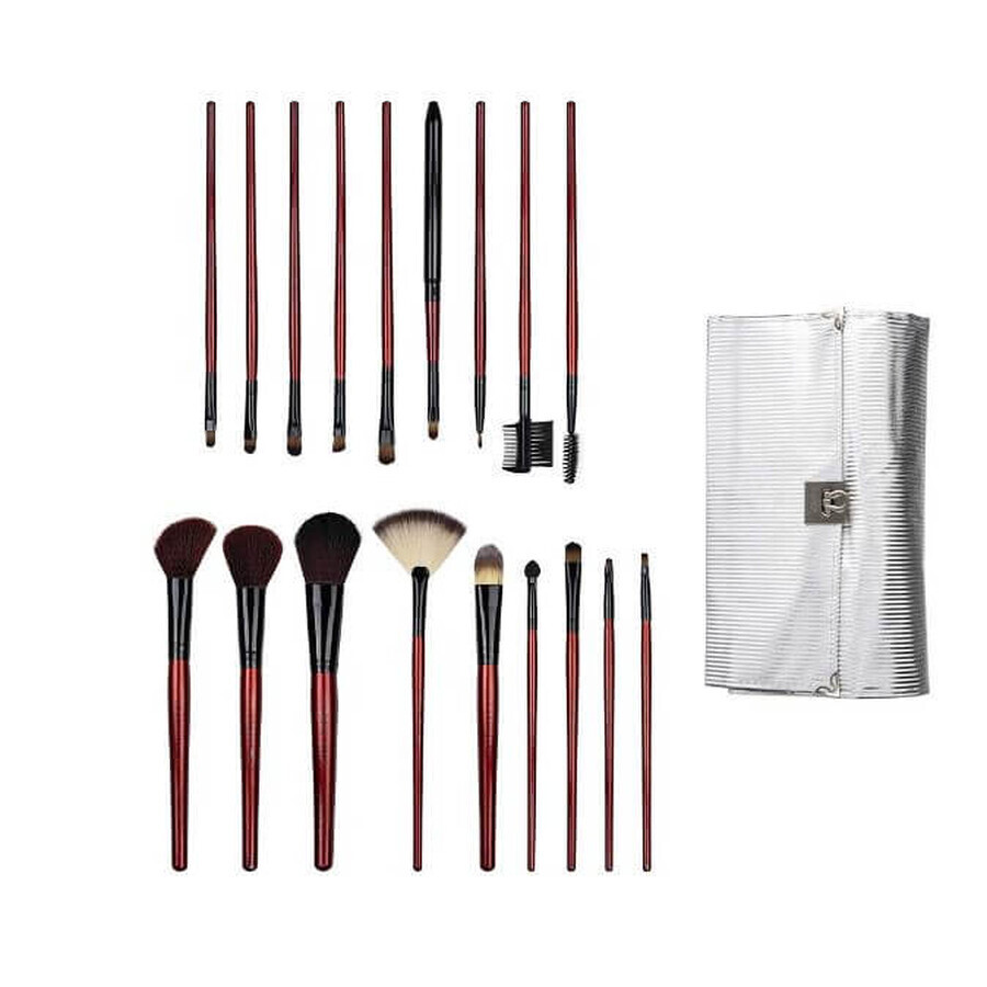 Set de 18 brochas de maquillaje, Fraulein38, plata, bolsa incluida