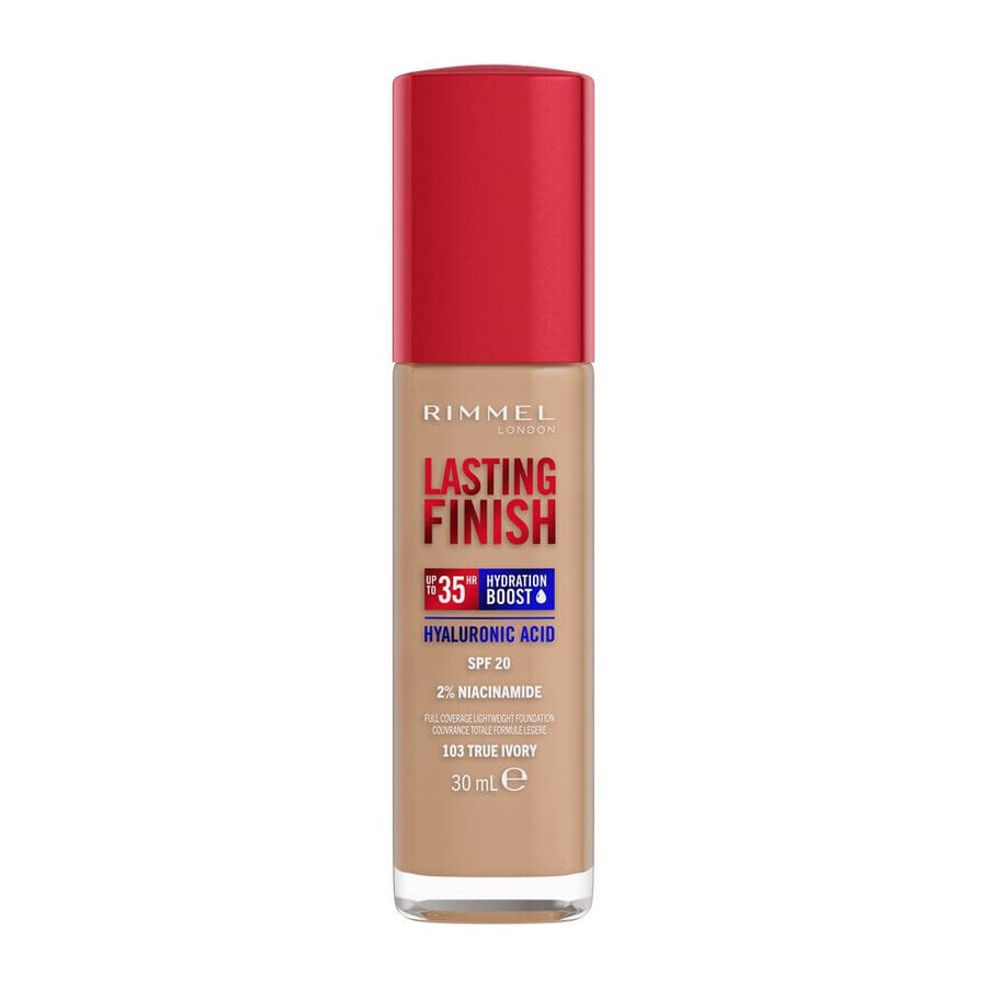 Rimmel Lasting Finish Base de maquillaje hidratante de larga duración con SPF20 103 True Ivory, 30ml