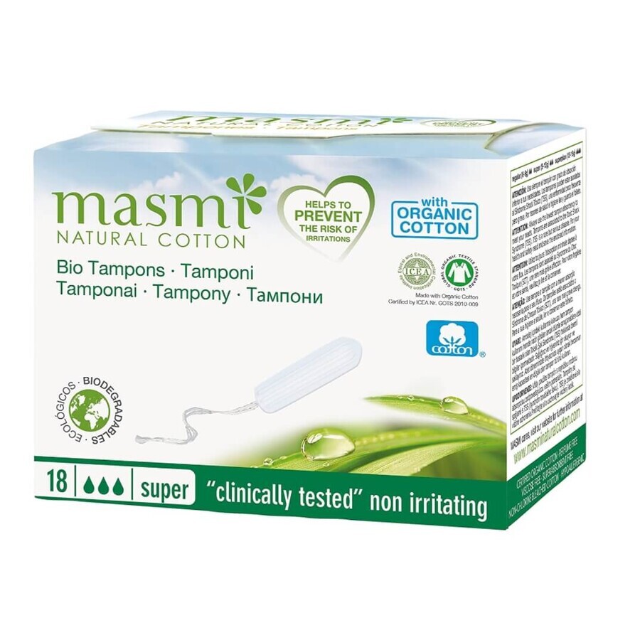 MasMI, Coton naturel, Super, Serviettes hygiéniques, 18 pièces