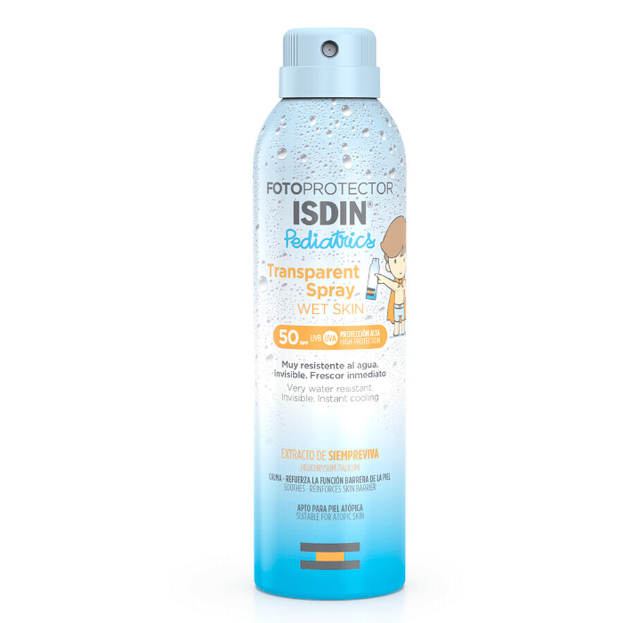 Isdin Wet Skin Spray de protección solar transparente para niños con FPS 50, 250 ml