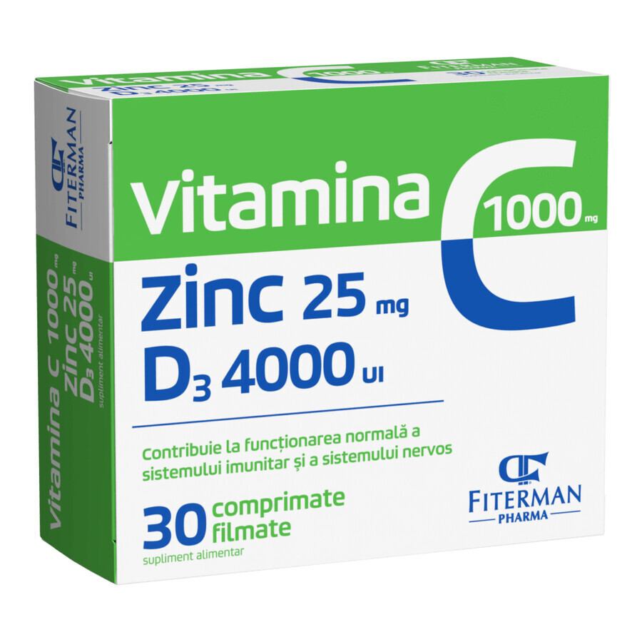 Vitamina C 1000 mg + Zn 25 mg + D3 4000 UI, 30 comprimidos recubiertos con película, Fiterman