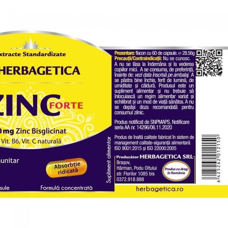 Zinc Forte, 60 cápsulas, Herbagetica