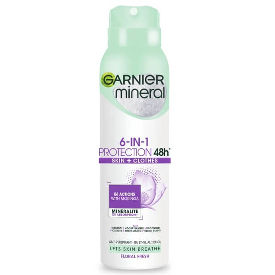 Garnier Mineral 6-in-1 Protection Floral Fresh Antiperspirant Spray, 150ml