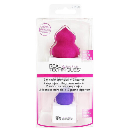 Real Techniques 2 Esponjas Milagrosas + 2 Soportes Juego de esponjas de maquillaje x2+Soporte x2