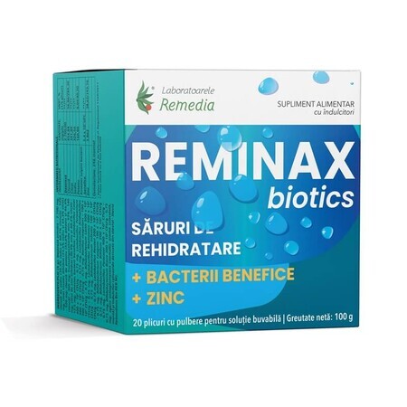 Reminax Biotics sales de rehidratación + bacterias beneficiosas y zinc, 20 sobres, Remedia