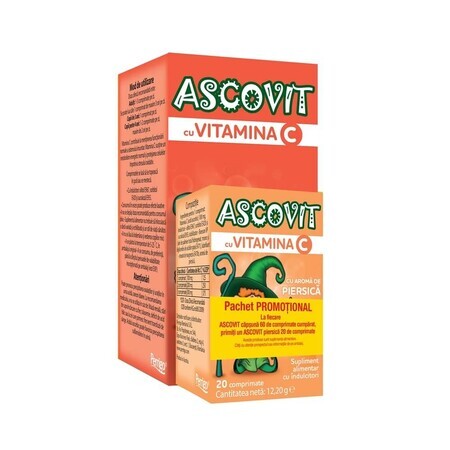 Pack Ascovit Vitamina C con arame de fresa 60 comprimidos + Ascovit Vitamina C con sabor a melocotón 100 mg x 20 comprimidos, Perrigo