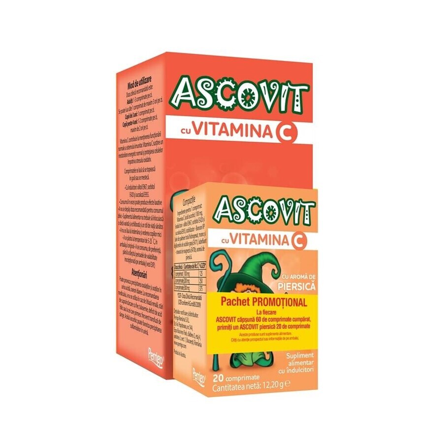 Pack Ascovit Vitamina C con arame de fresa 60 comprimidos + Ascovit Vitamina C con sabor a melocotón 100 mg x 20 comprimidos, Perrigo