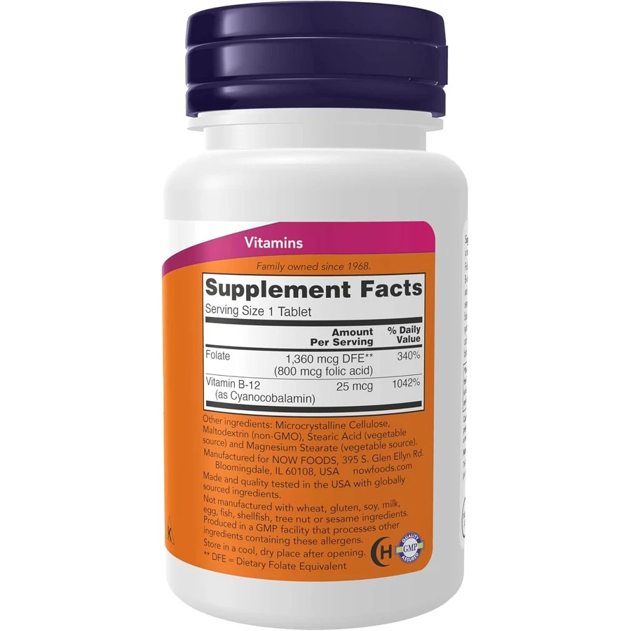 Foliumzuur 800 mcg met Vitamine B-12 25 mcg, 250 tabletten, Now Foods