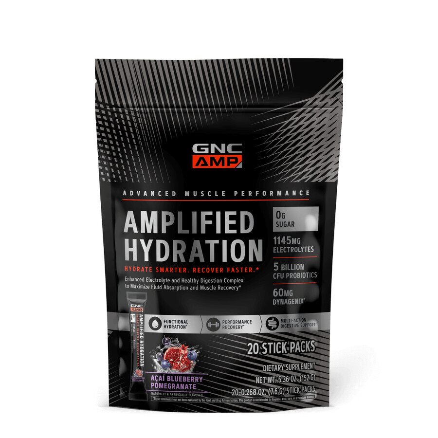 Gnc Amp Amplified Hydration, Electroliti Cu Aroma De Acai, Afine Si Rodie, 20 De Plicuri, 150 G