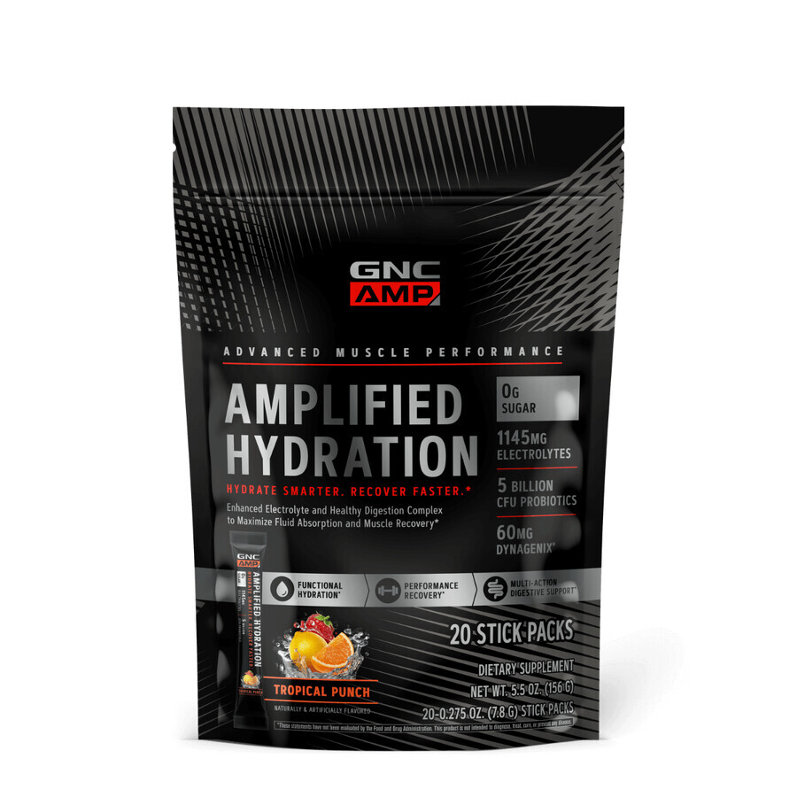 Gnc Amp Hidratación Amplificada, Electrolitos Sabor Fruta Tropical, 20 Paquetes, 152 G