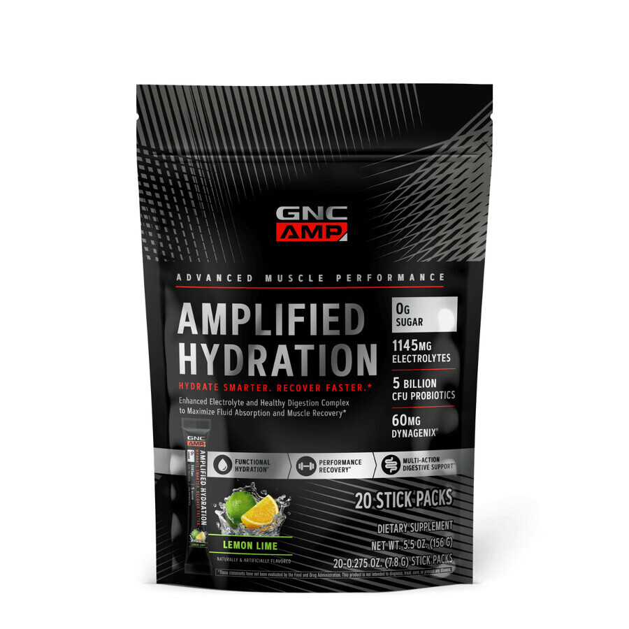 Gnc Amp Hidratación Amplificada, Electrolitos Sabor Limón y Lima, 20 Paquetes, 152 G