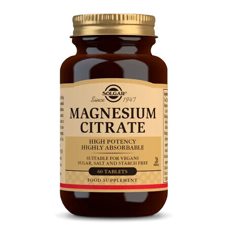 Solgar Magnesium Citrate 400 mg de magnésium hautement absorbable 60 comprimés