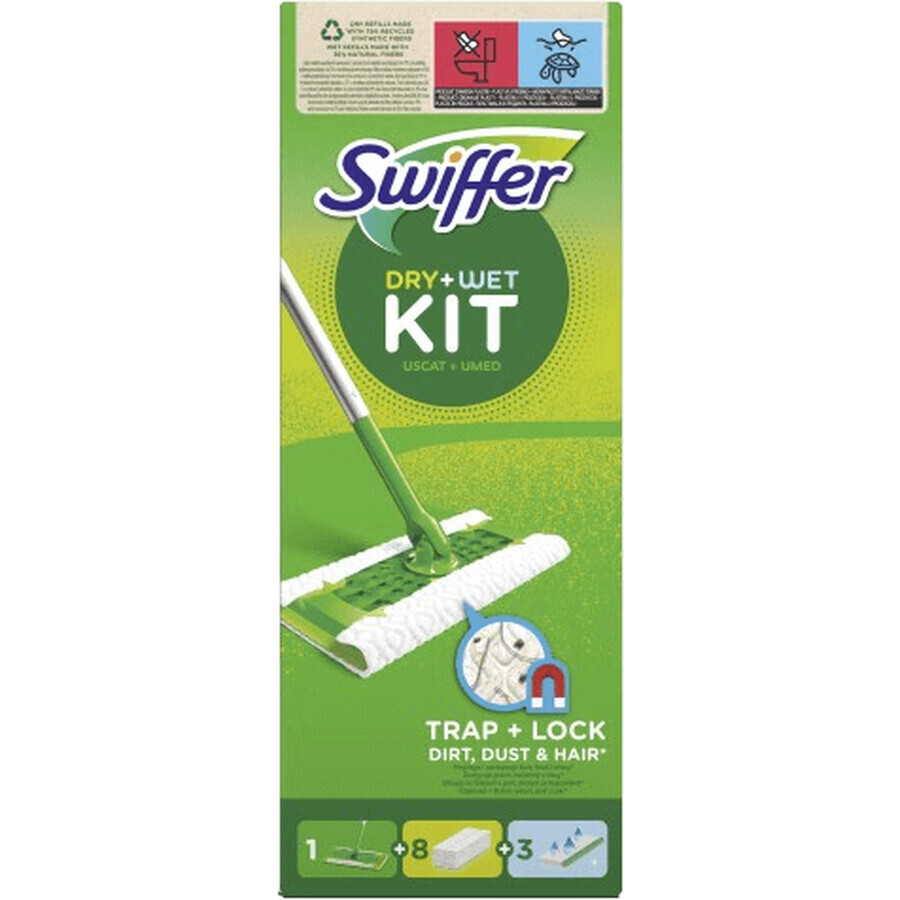 Swiffer Starter Set con 1 mango, 8 toallitas secas y 3 paños de limpieza