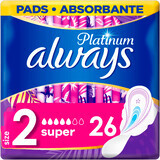 Toallas higiénicas Always Platinum Super (talla 2) con alas 26 uds.