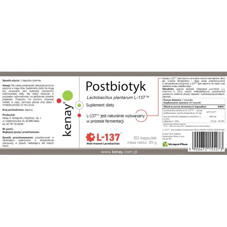 Postbiótico Lactobacillus plantarum L-137, 60 cápsulas Kenay