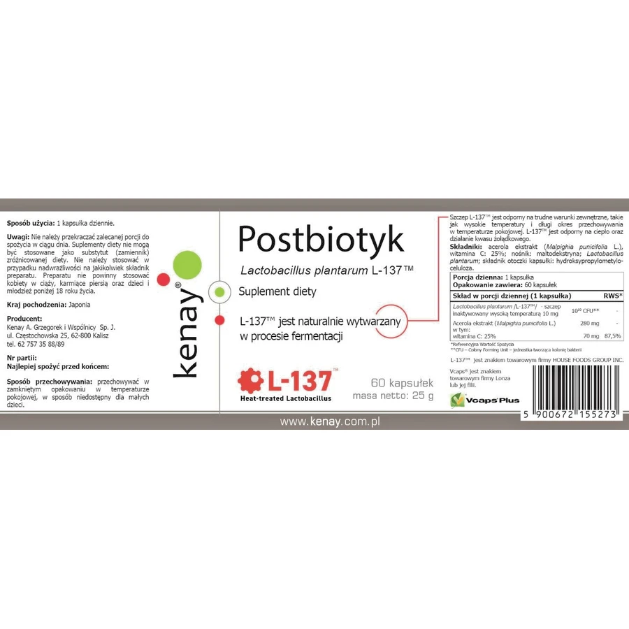 Postbiótico Lactobacillus plantarum L-137, 60 cápsulas Kenay